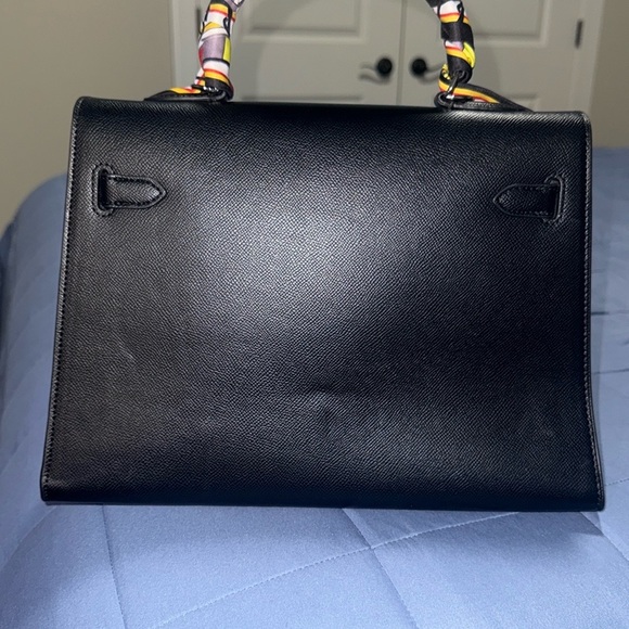 Black Structured Handbag with Colorful Scarf Accents - Picture 7 of 13